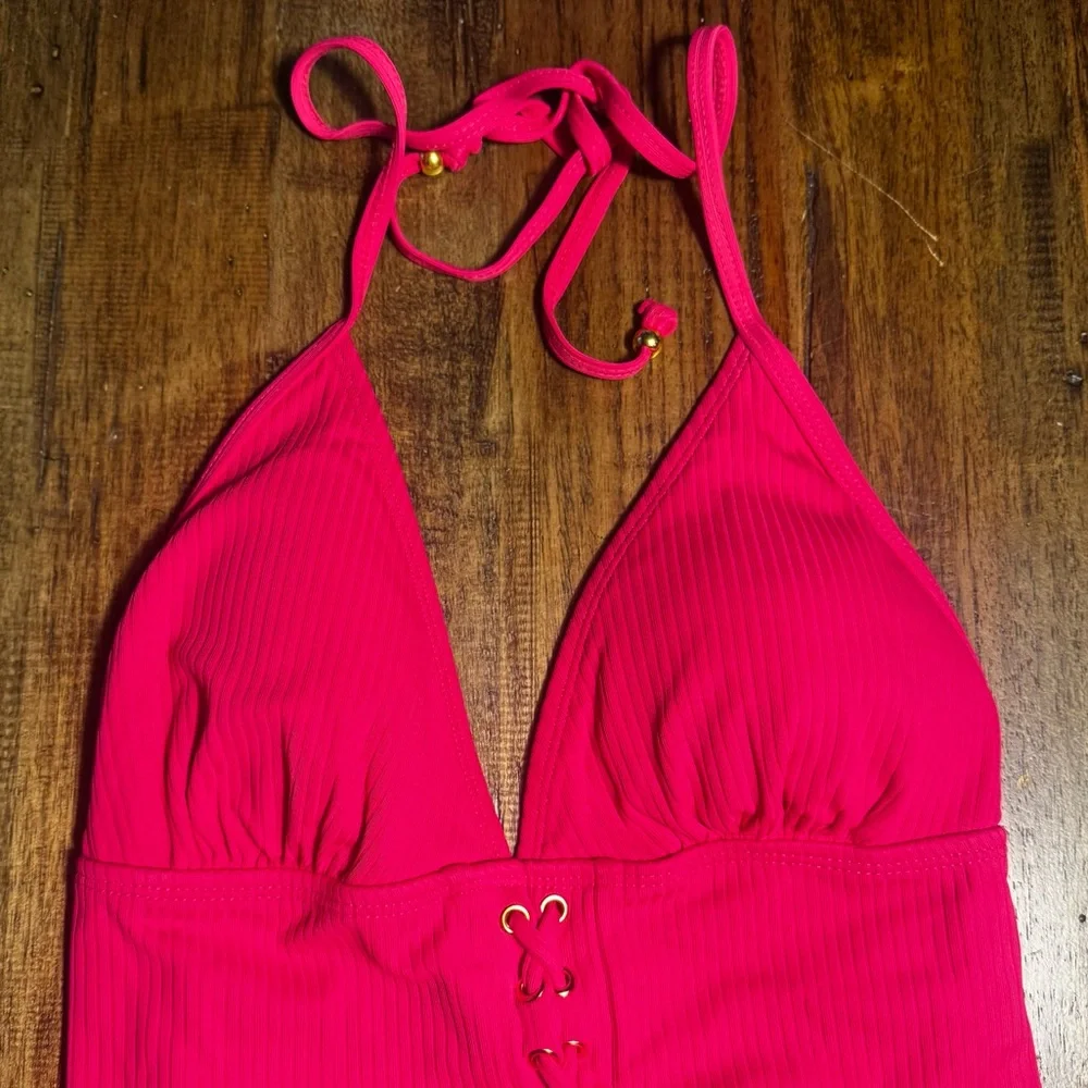 EUC Bongo Pink Ribbed Plunge Lace-Up One Piece‎ Swimsuit Size Large